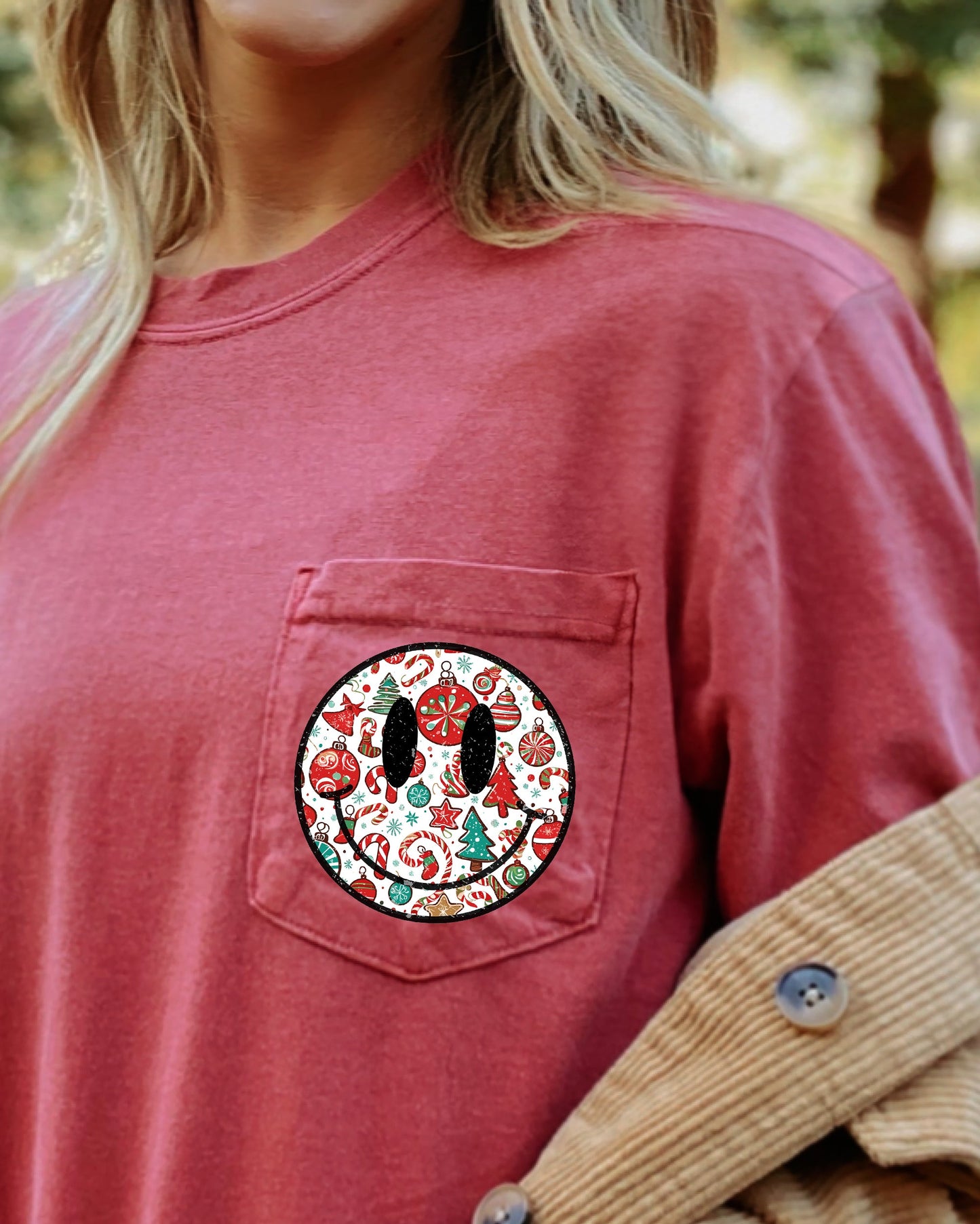 Christmas Retro Smiley, Pocket, Winter, Snow, Santa, Xmas Pocket Tee Comfort Colors T-Shirt