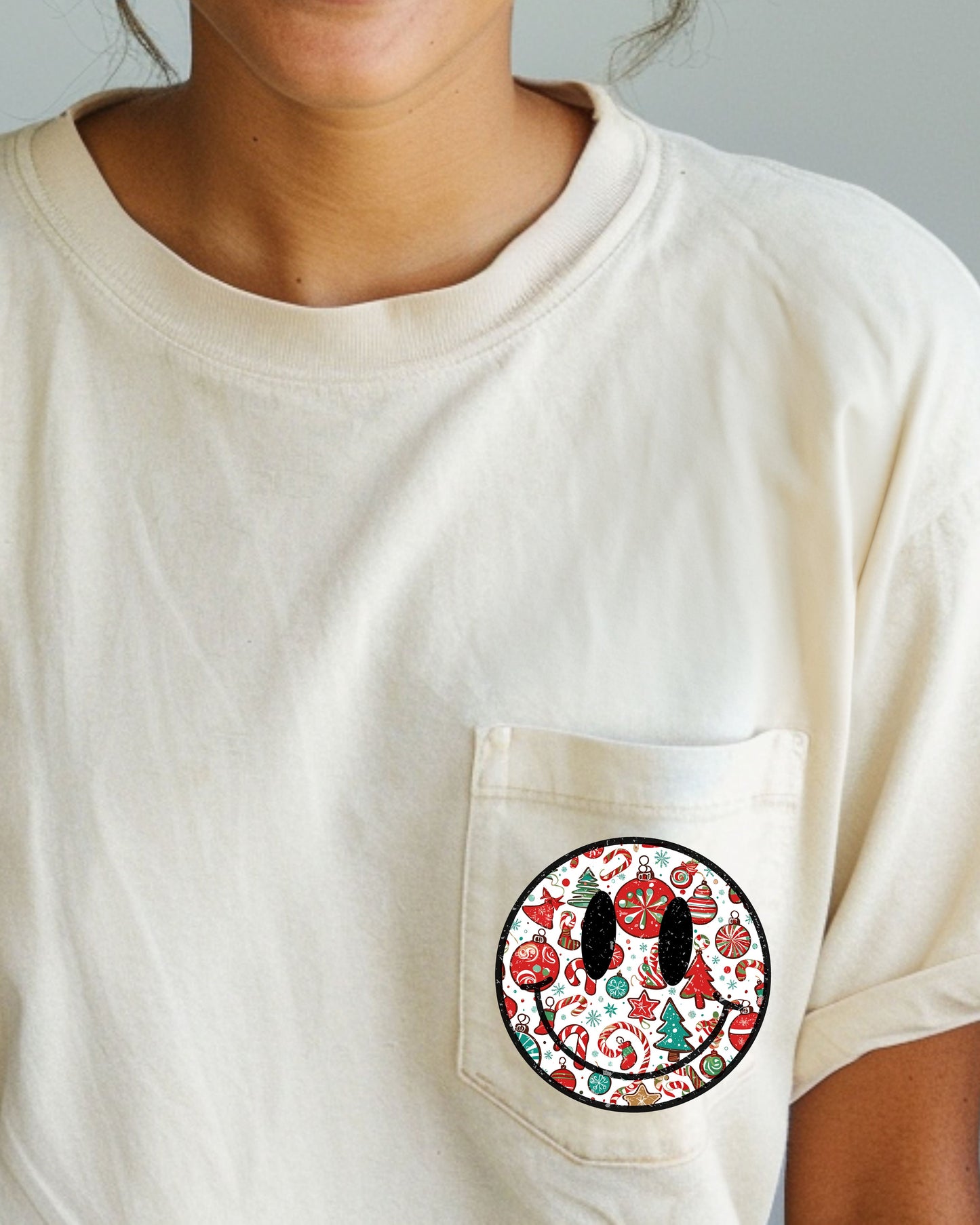 Christmas Retro Smiley, Pocket, Winter, Snow, Santa, Xmas Pocket Tee Comfort Colors T-Shirt