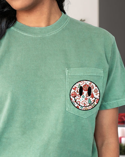 Christmas Retro Smiley, Pocket, Winter, Snow, Santa, Xmas Pocket Tee Comfort Colors T-Shirt