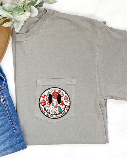 Christmas Retro Smiley, Pocket, Winter, Snow, Santa, Xmas Pocket Tee Comfort Colors T-Shirt