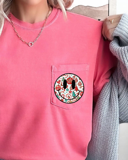 Christmas Retro Smiley, Pocket, Winter, Snow, Santa, Xmas Pocket Tee Comfort Colors T-Shirt