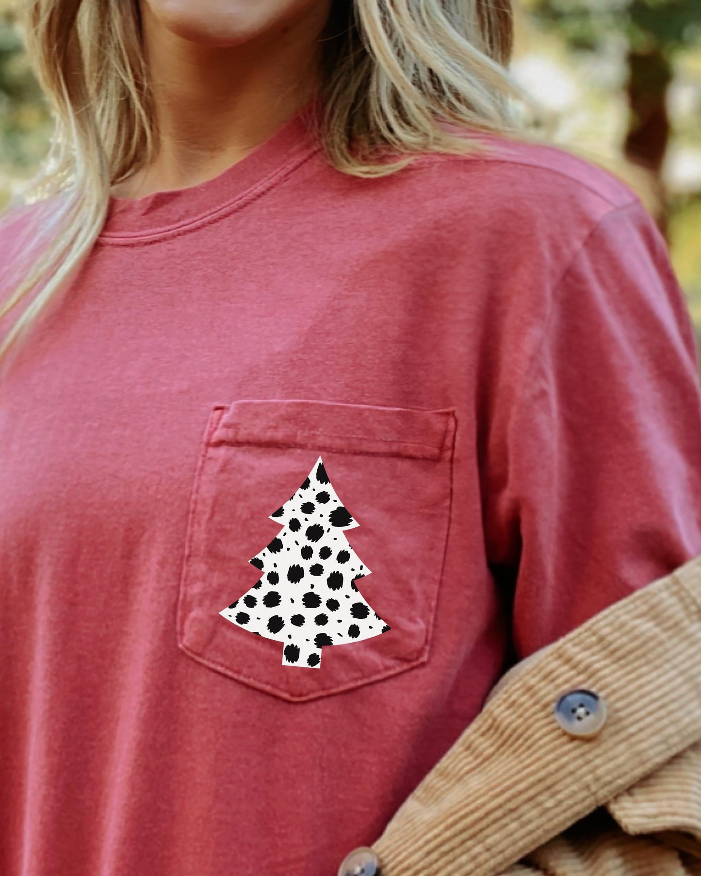 Christmas Tree, Animal Print, Pocket, Dalmatian, Santa, Xmas, Winter, Snow Pocket Tee Comfort Colors T-Shirt