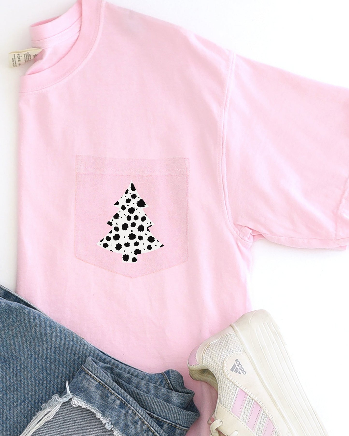 Christmas Tree, Animal Print, Pocket, Dalmatian, Santa, Xmas, Winter, Snow Pocket Tee Comfort Colors T-Shirt