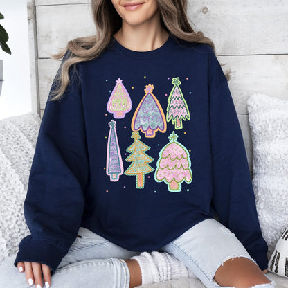Colorful Christmas Tree, Pastels, Retro, Drawn Sweatshirt