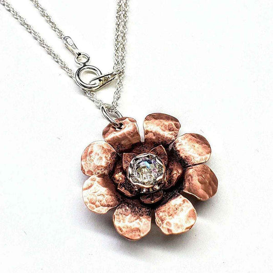 Copper Crystal Flower Blossom Fidget Spinner Necklace