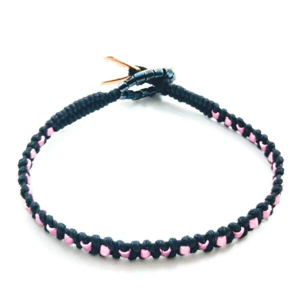 Copper Ribbon Black Pink Braided Breast Cancer Bracelet