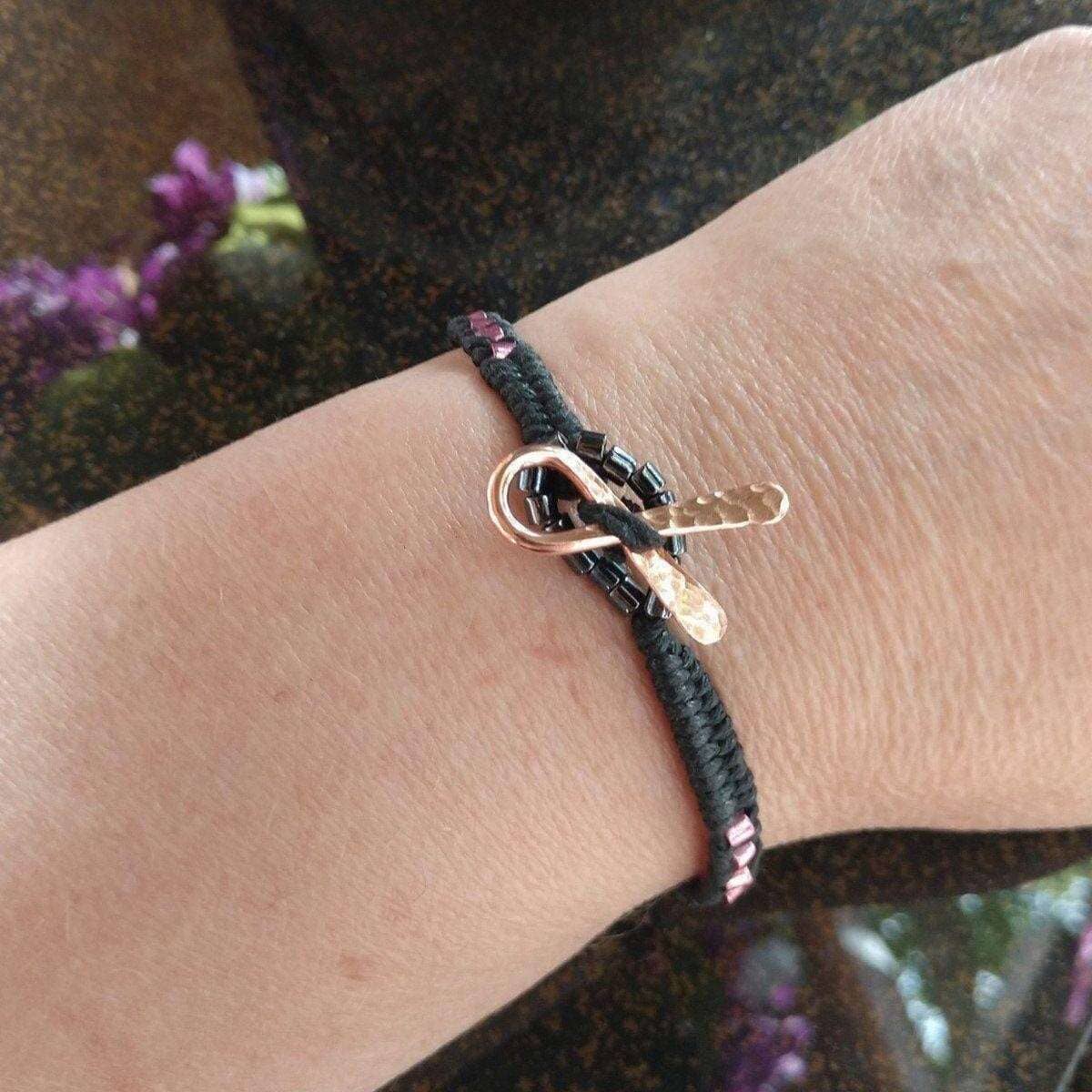 Copper Ribbon Black Pink Braided Breast Cancer Bracelet