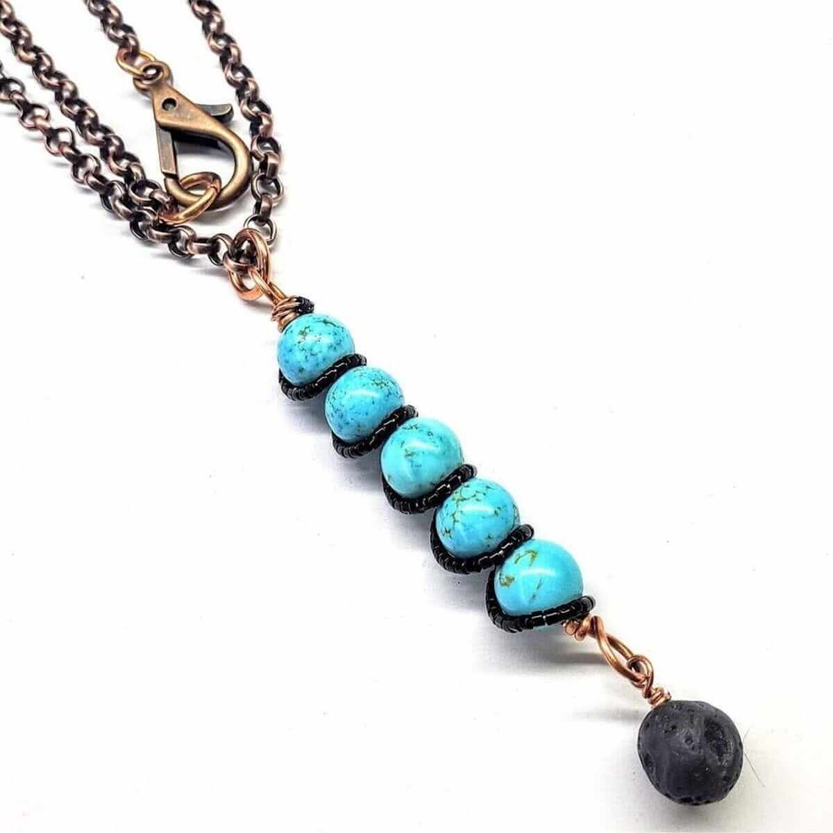 Copper Turquoise Pendant With Lava Rock Charm
