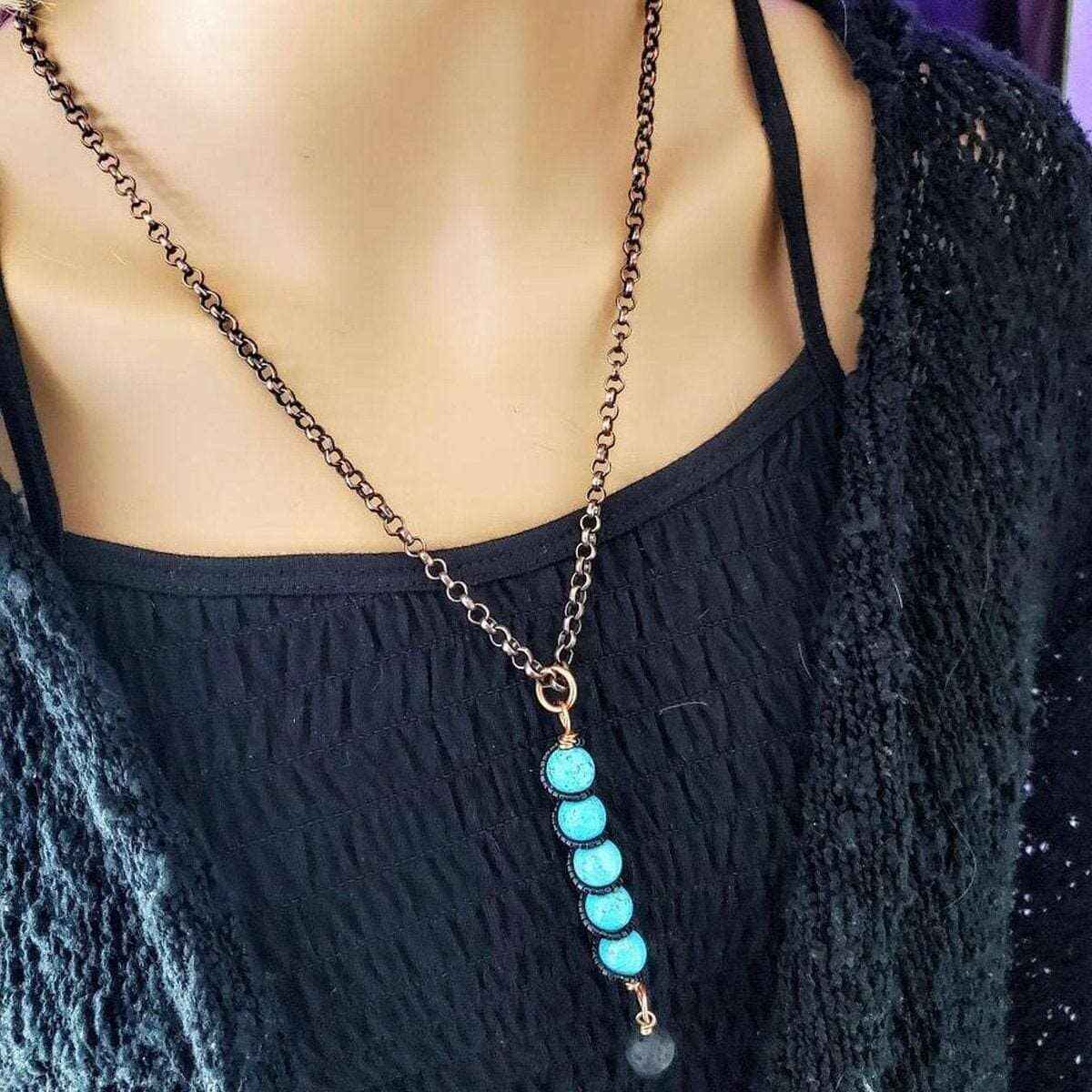 Copper Turquoise Pendant With Lava Rock Charm