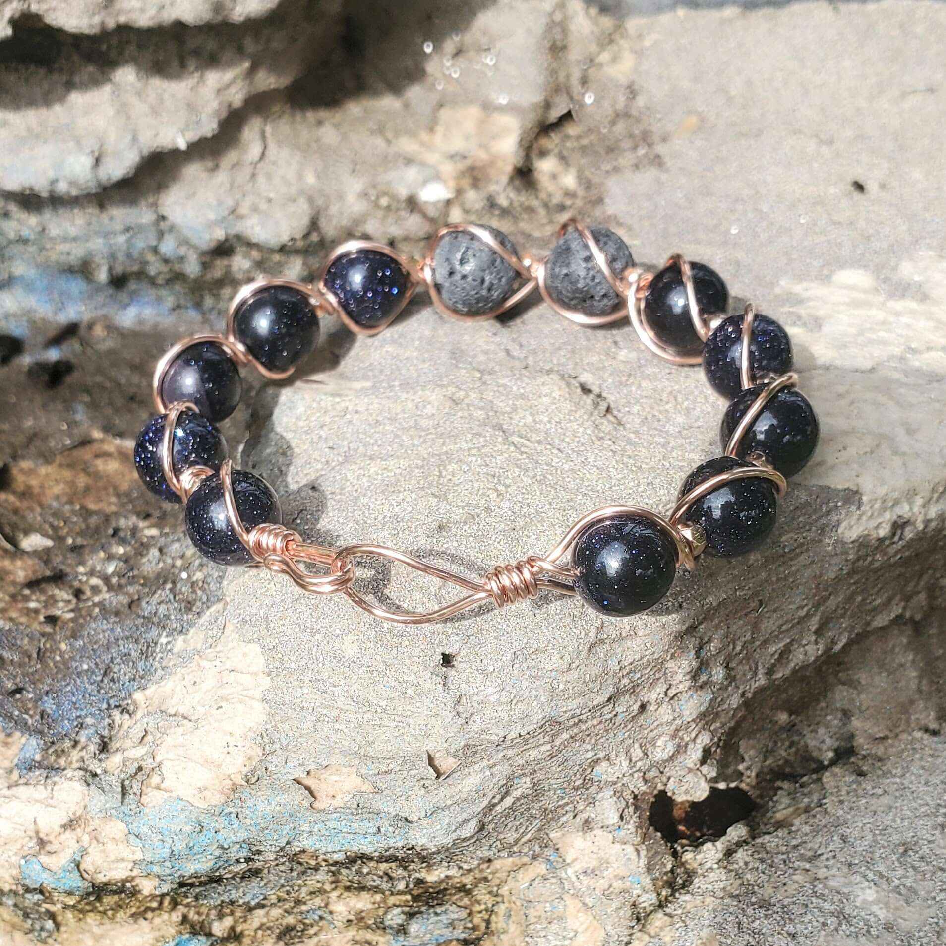 Copper Spiral Twist Wrap Blue Disco Sandstone Beads Lava Rock  Bangle Bracelet