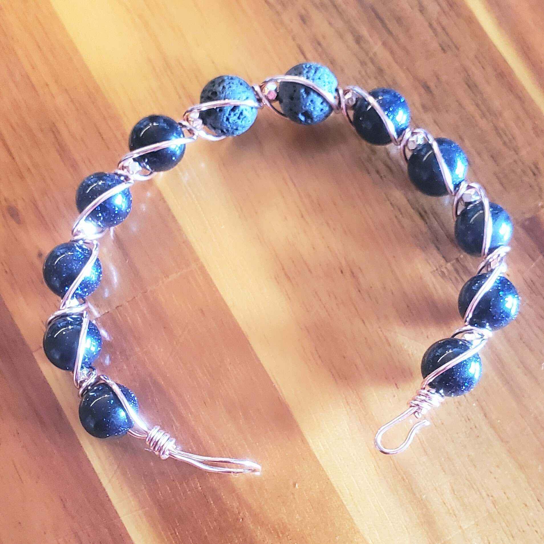 Copper Spiral Twist Wrap Blue Disco Sandstone Beads Lava Rock  Bangle Bracelet
