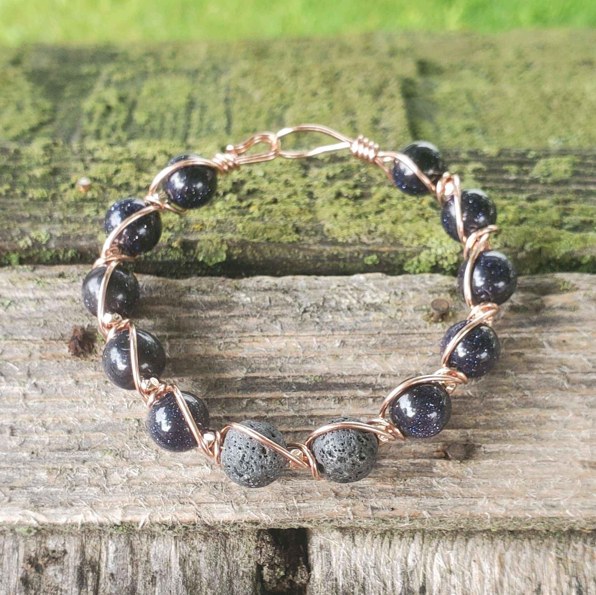 Copper Spiral Twist Wrap Blue Disco Sandstone Beads Lava Rock  Bangle Bracelet