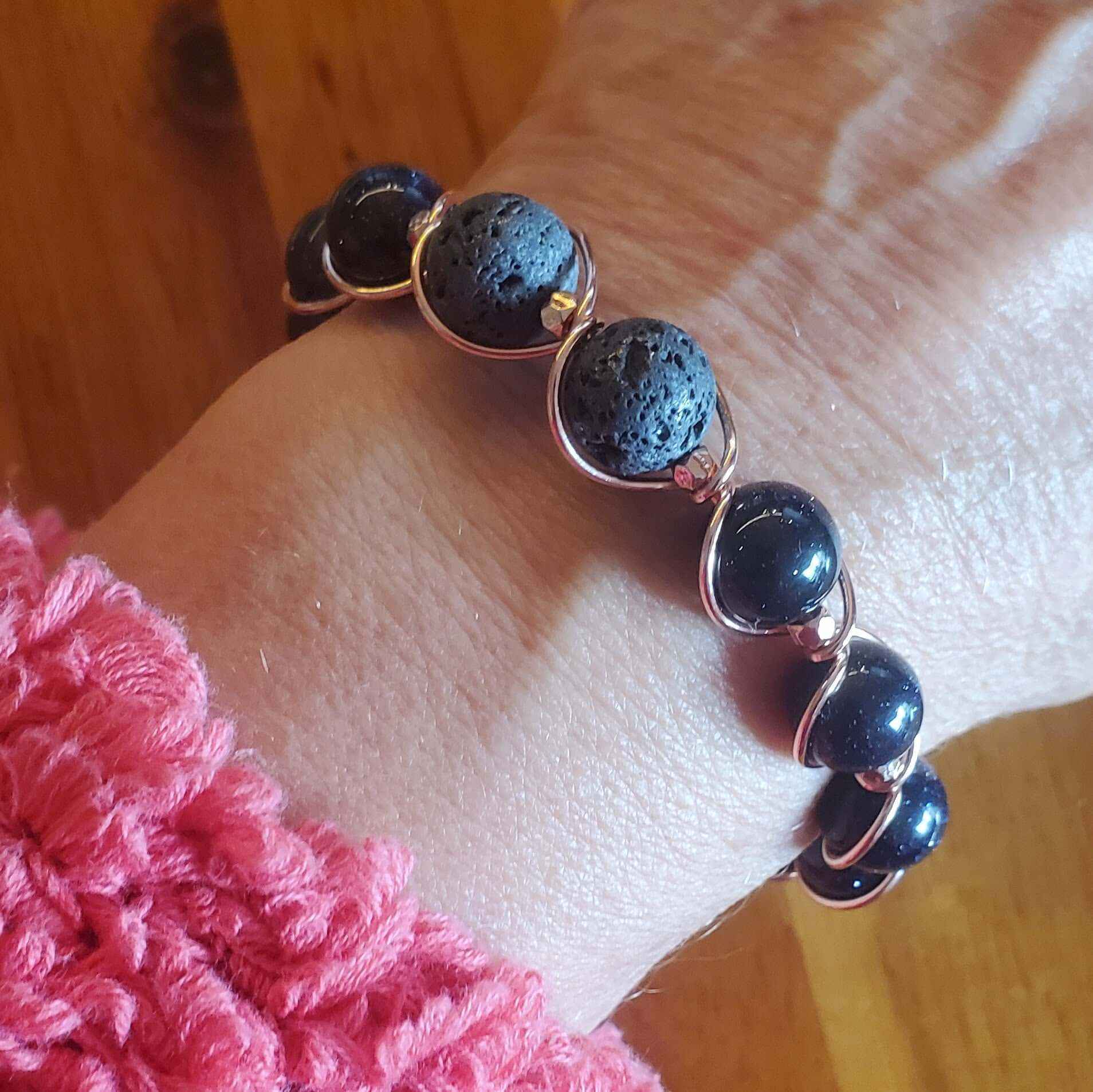 Copper Spiral Twist Wrap Blue Disco Sandstone Beads Lava Rock  Bangle Bracelet