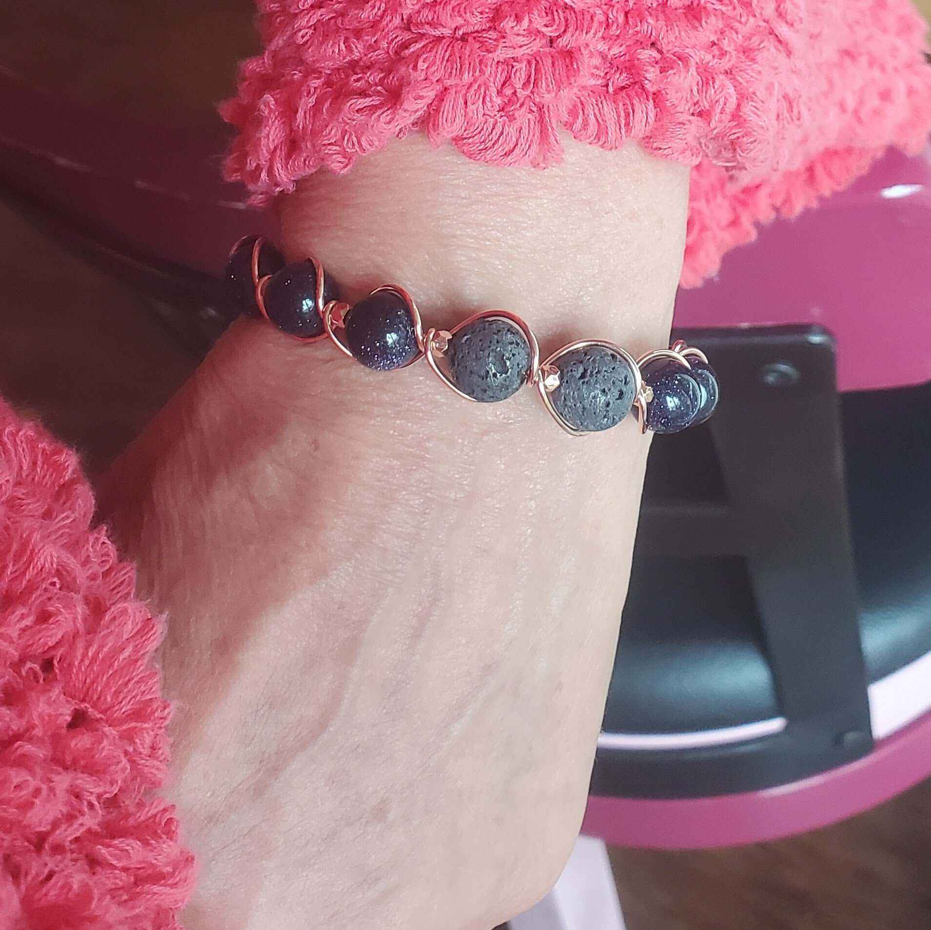 Copper Spiral Twist Wrap Blue Disco Sandstone Beads Lava Rock  Bangle Bracelet