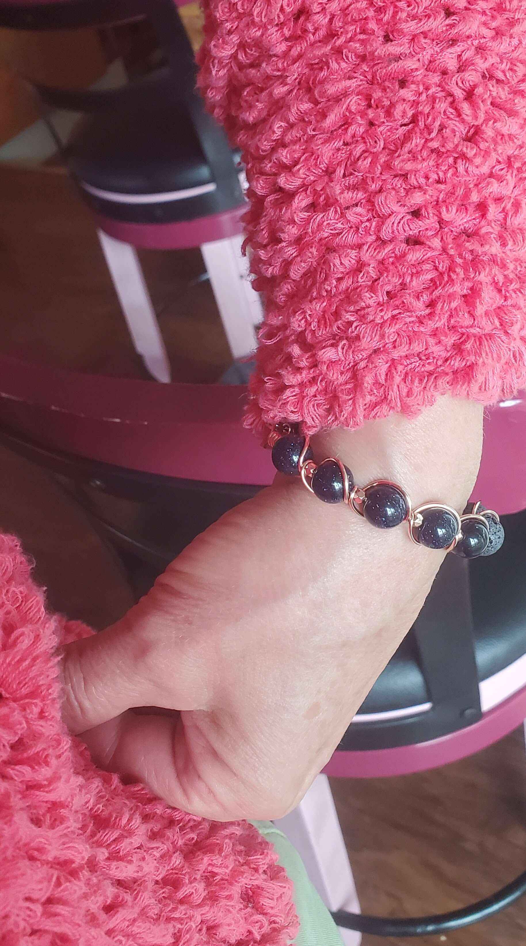 Copper Spiral Twist Wrap Blue Disco Sandstone Beads Lava Rock  Bangle Bracelet
