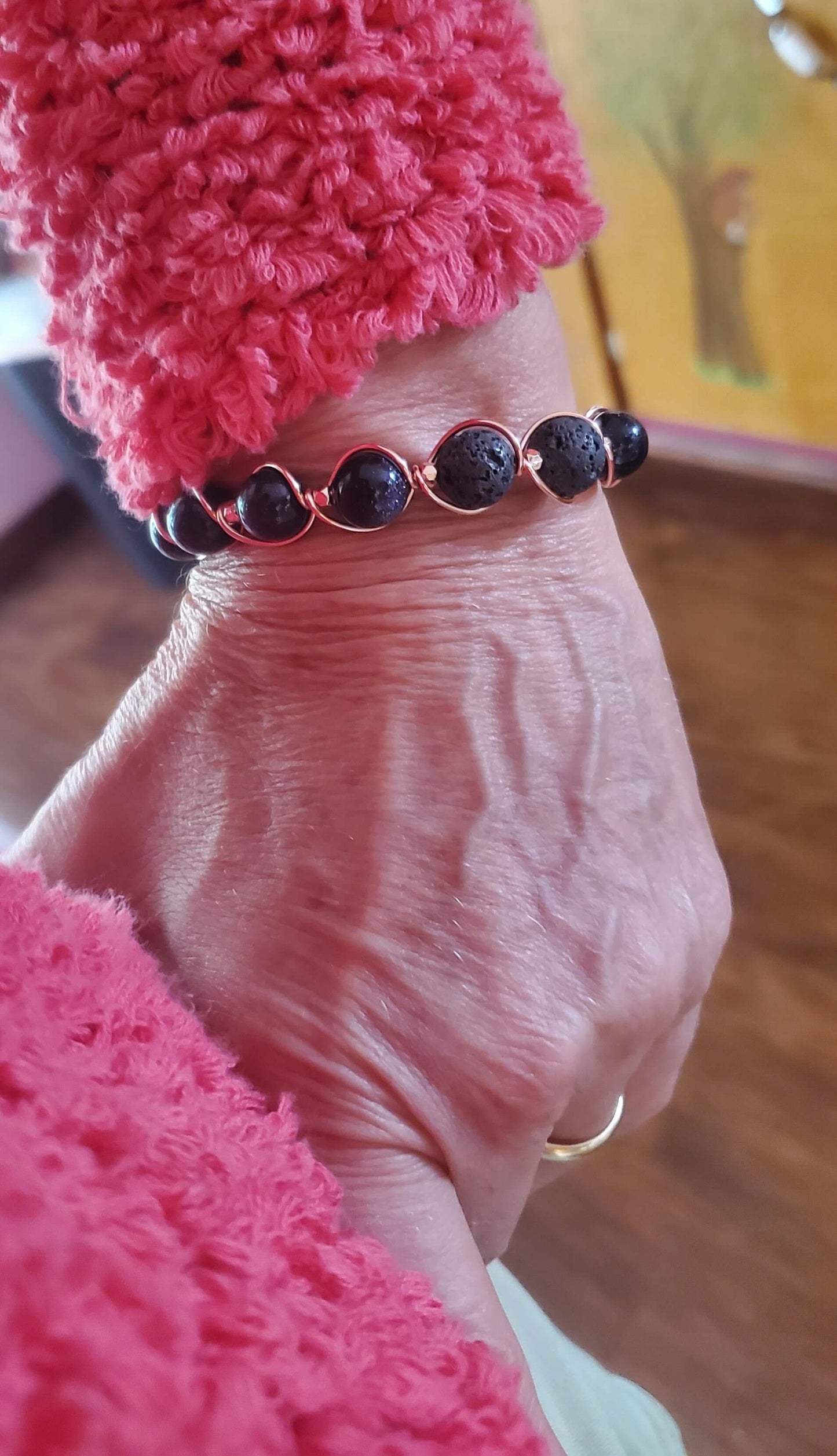 Copper Spiral Twist Wrap Blue Disco Sandstone Beads Lava Rock  Bangle Bracelet