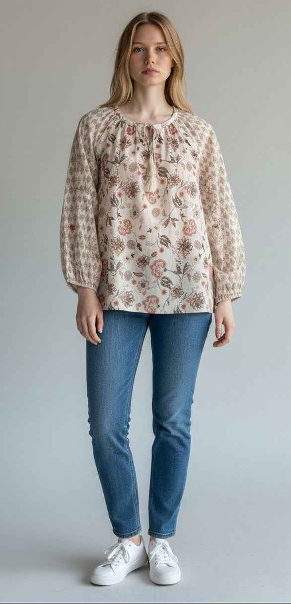 [161655-690] WOMENS LUCKY BRAND NOTCH NECK BLOUSE - PINK MULTI