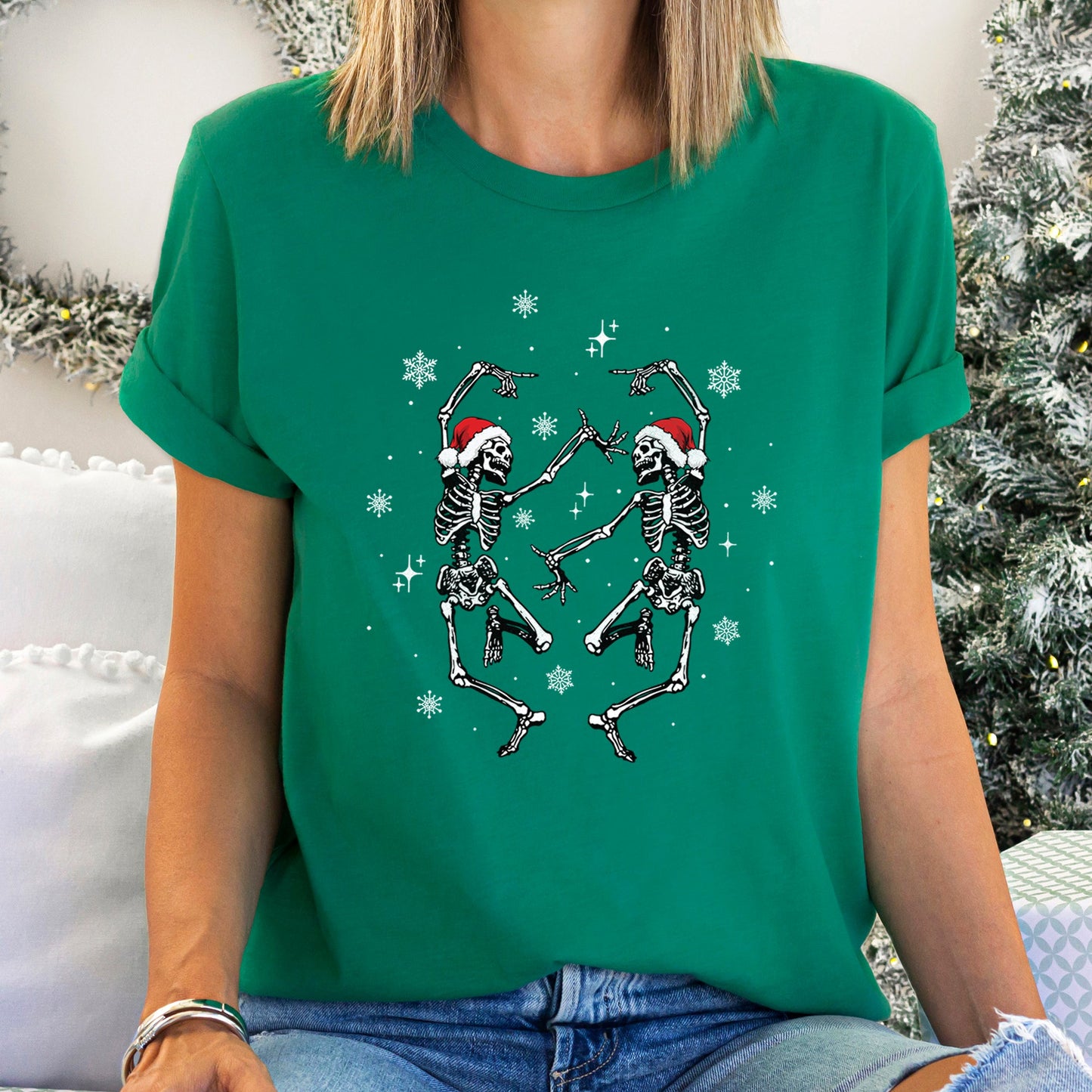 Dancing Skeletons, Christmas, Winter, Snowflakes, Snow - White Super Soft Tees