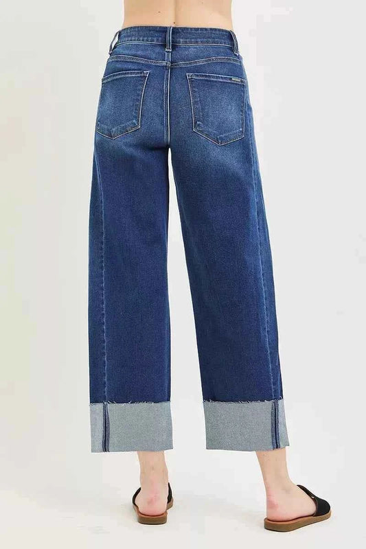 Dark Wash Full Size Slouchy Crop Barrel Cuffed Jeans Plus Size | Risen
