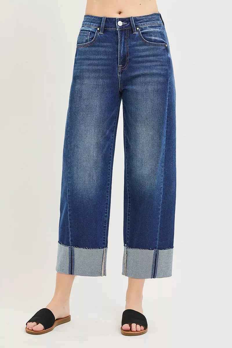 Dark Wash Full Size Slouchy Crop Barrel Cuffed Jeans Plus Size | Risen
