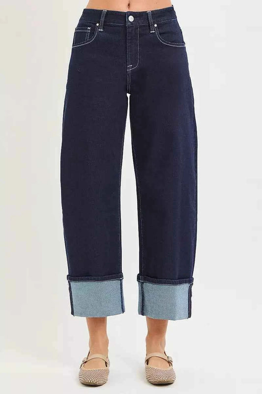Dark Wash Slouchy Crop Barrel Cuffed Hem Jeans by Risen