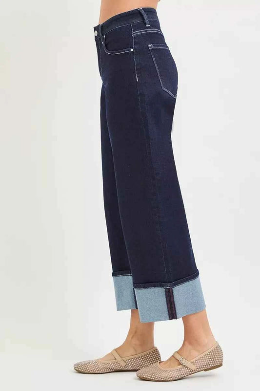 Dark Wash Slouchy Crop Barrel Cuffed Hem Jeans by Risen