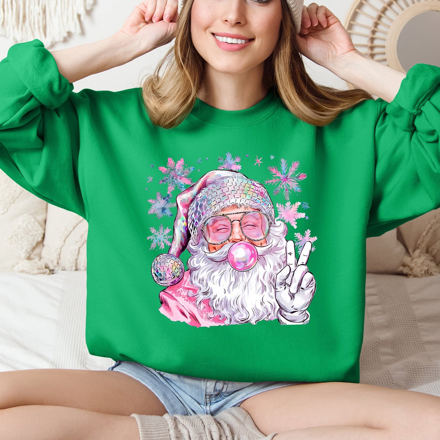 Disco Santa, Bubble Gum, Christmas, Pink, Snowflakes, Cute Sweatshirt