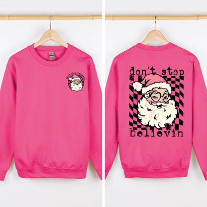 Don't Stop Believin, Santa, Christmas, Checkered, Vintage, Cute, Front and Back Sweatshirt
