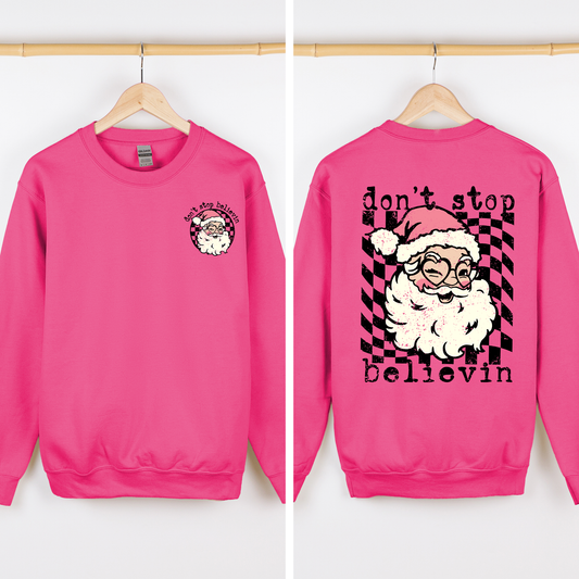 Don't Stop Believin, Santa, Christmas, Checkered, Vintage, Cute, Front and Back Sweatshirt