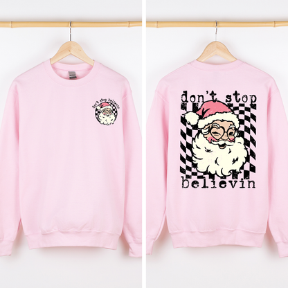 Don't Stop Believin, Santa, Christmas, Checkered, Vintage, Cute, Front and Back Sweatshirt