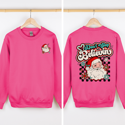 Don't Stop Believin, Santa, Retro, Checkered, Christmas, Front and Back Sweatshirt