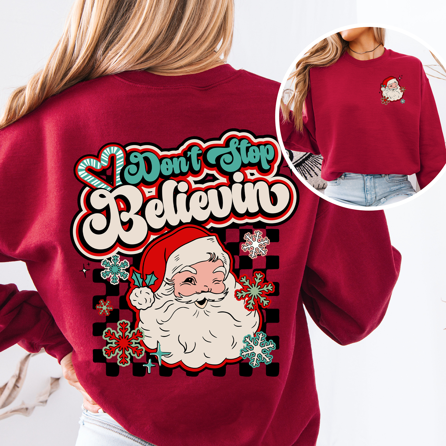 Don't Stop Believin, Santa, Retro, Checkered, Christmas, Front and Back Sweatshirt