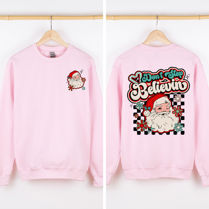 Don't Stop Believin, Santa, Retro, Checkered, Christmas, Front and Back Sweatshirt