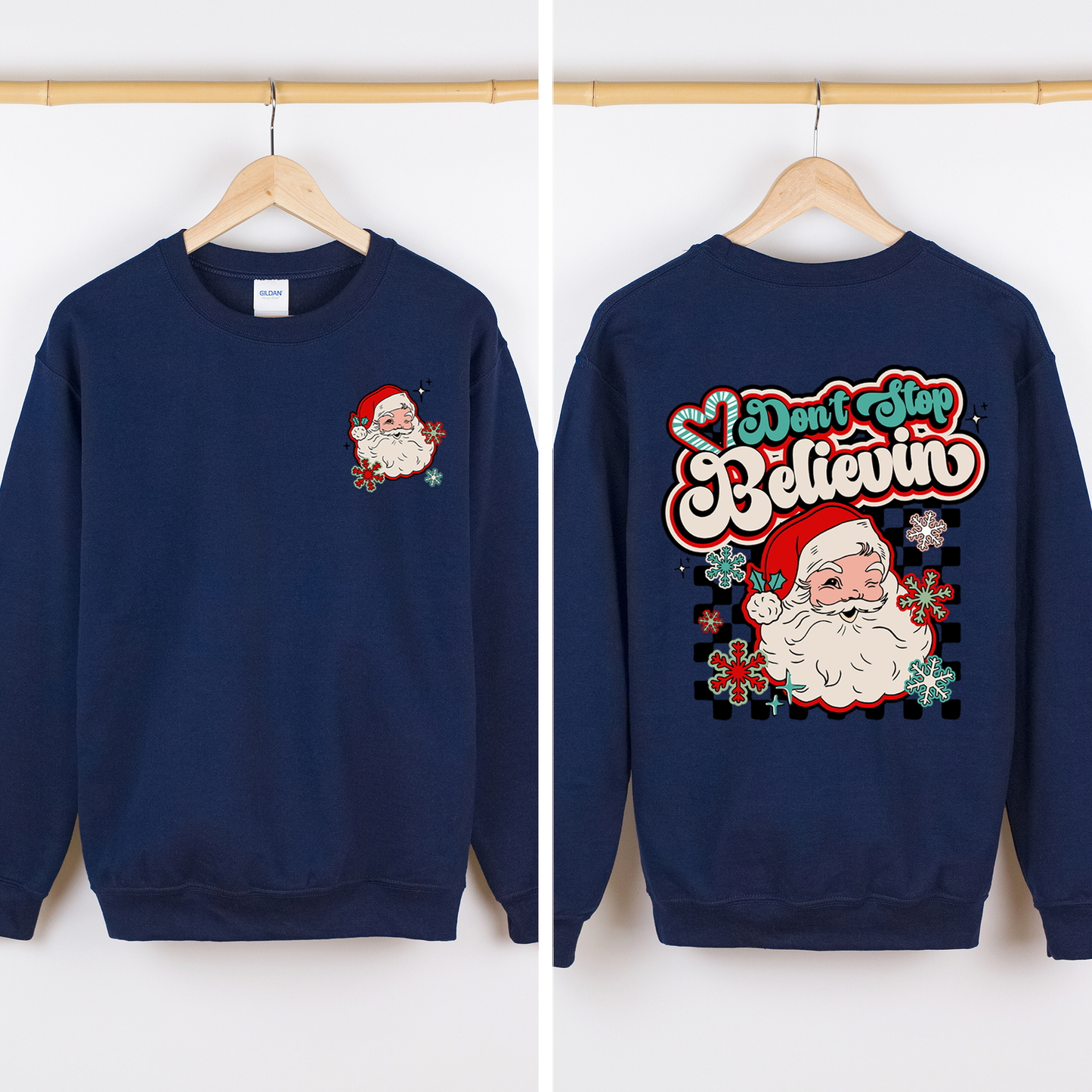 Don't Stop Believin, Santa, Retro, Checkered, Christmas, Front and Back Sweatshirt