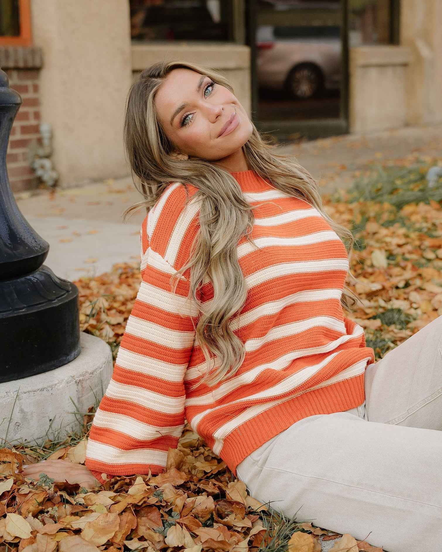 Avery Striped Ribbed Trim Drop Shoulder Sweater
