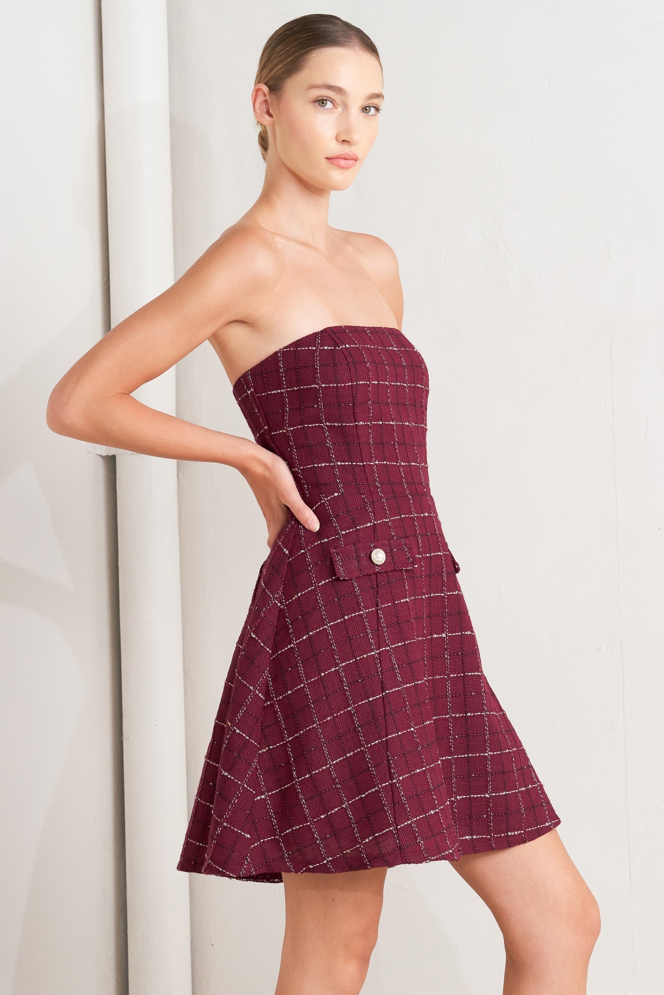 TWEED DOLL WINE WOVEN MINI DRESS