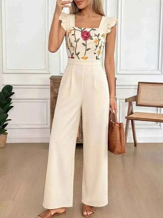 Floral Embroidered Ruffle Trim Jumpsuit