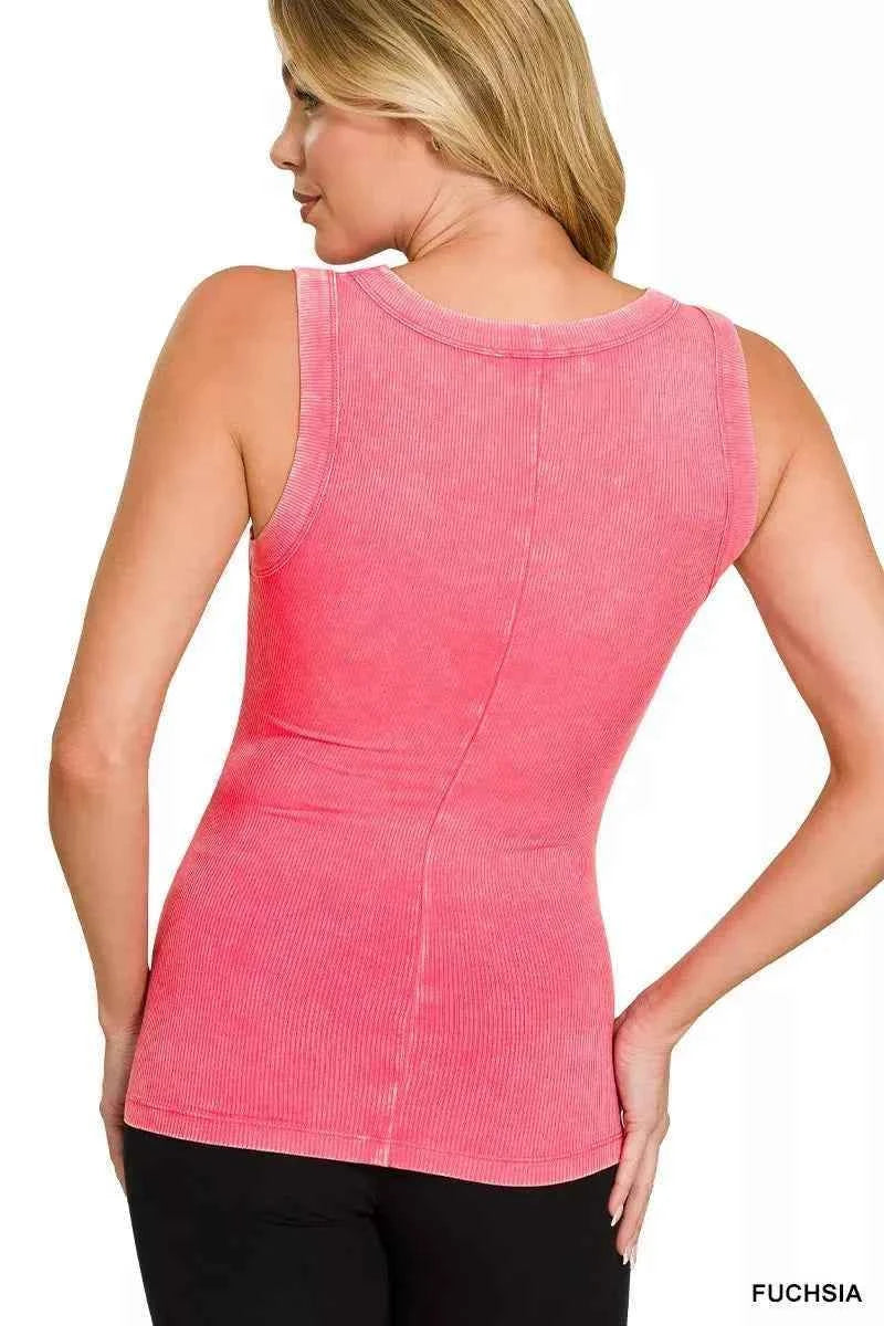 Fuchsia Washed Ribbed Scoop Neck Tank Top by Zenana