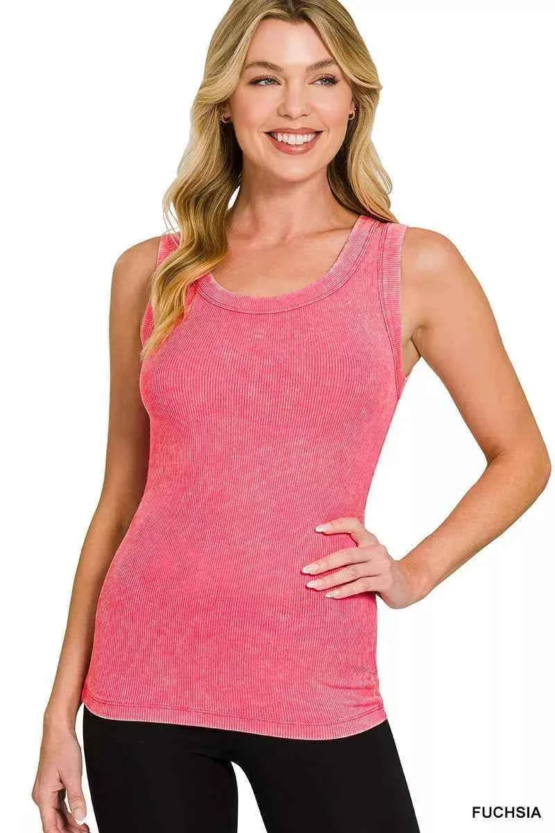 Fuchsia Washed Ribbed Scoop Neck Tank Top by Zenana