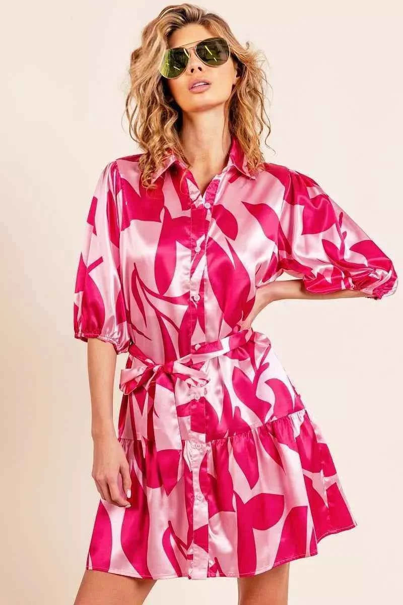 Fushia Collared Leaf Print Belted Satin Dress Flowy Elegant by BiBi