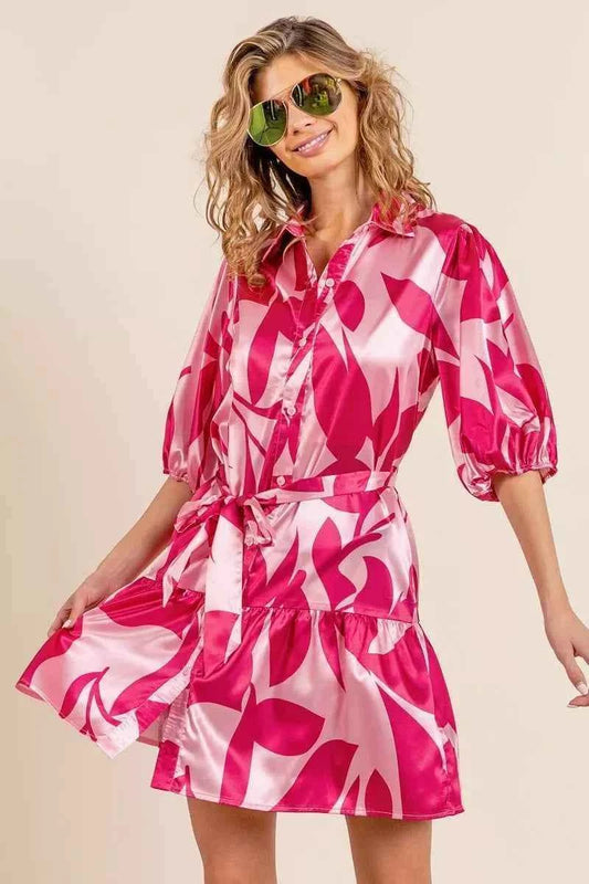 Fushia Collared Leaf Print Belted Satin Dress Flowy Elegant by BiBi