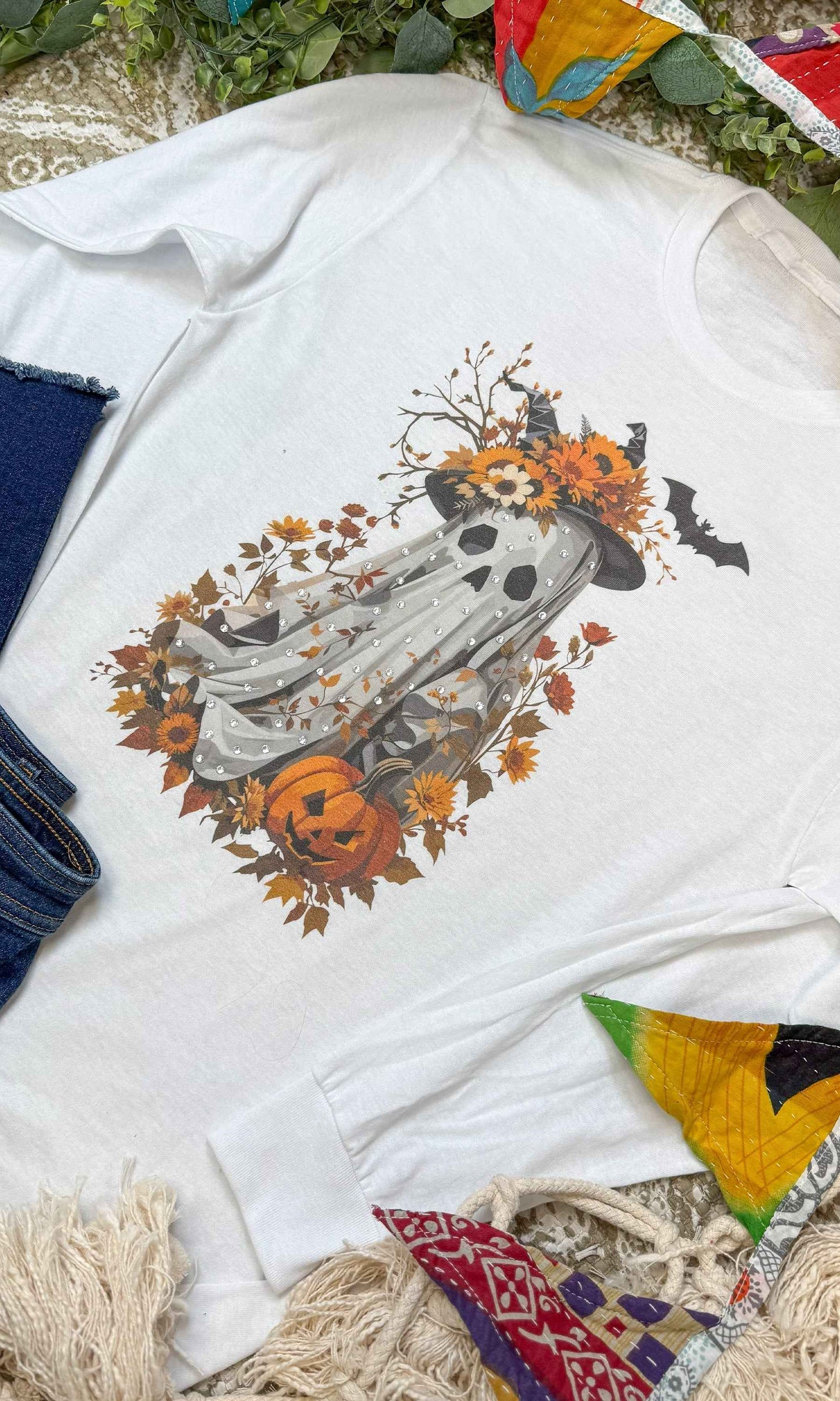 Gaudy Ghost Rhinestone Graphic Long Sleeve Shirt