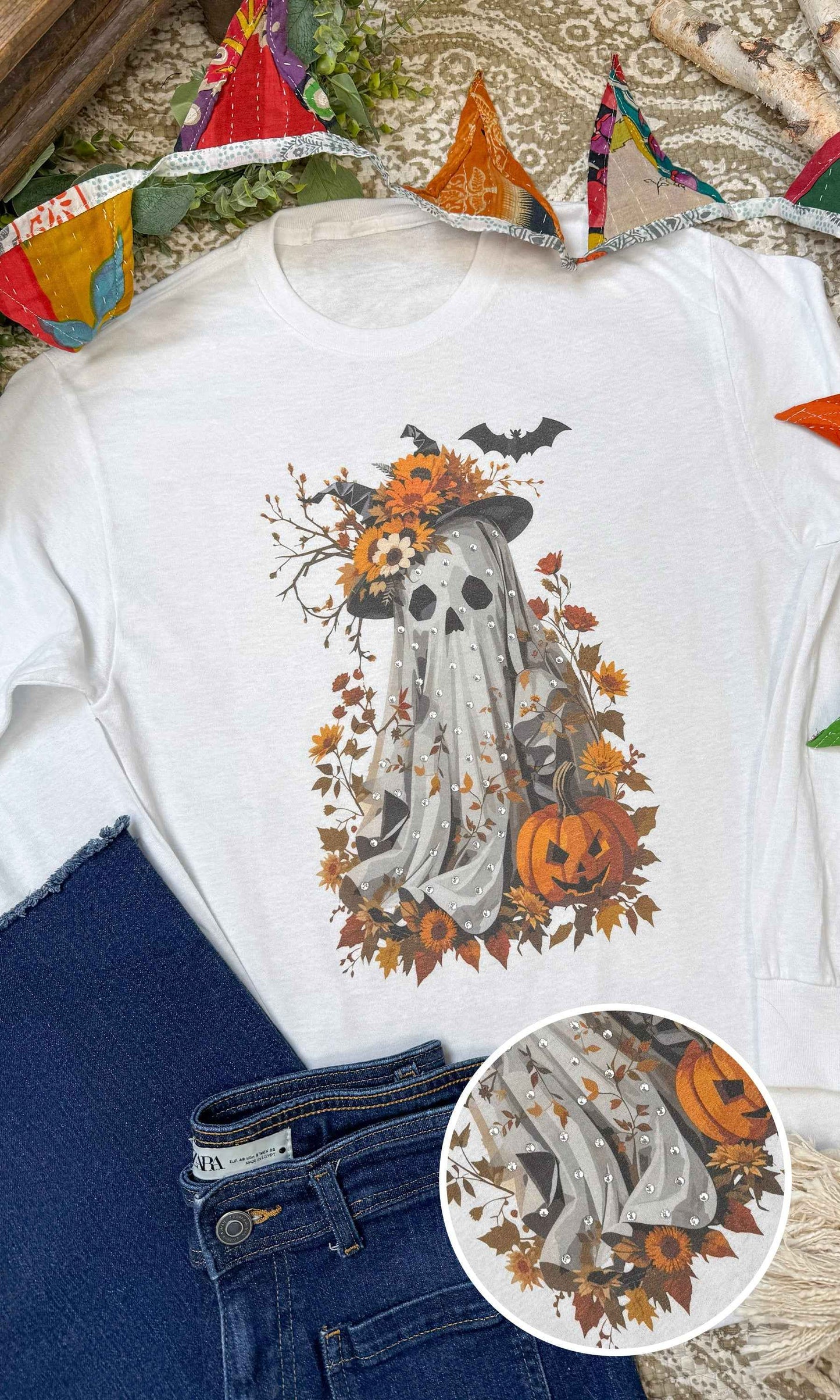 Gaudy Ghost Rhinestone Graphic Long Sleeve Shirt