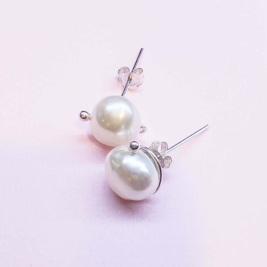 Handmade 10mm Lustrous Baroque Freshwater Pearl Silver Spiral Studs