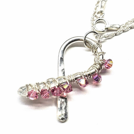 Handmade 2025 Breast Cancer Awareness Pink Crystal Ribbon Necklace