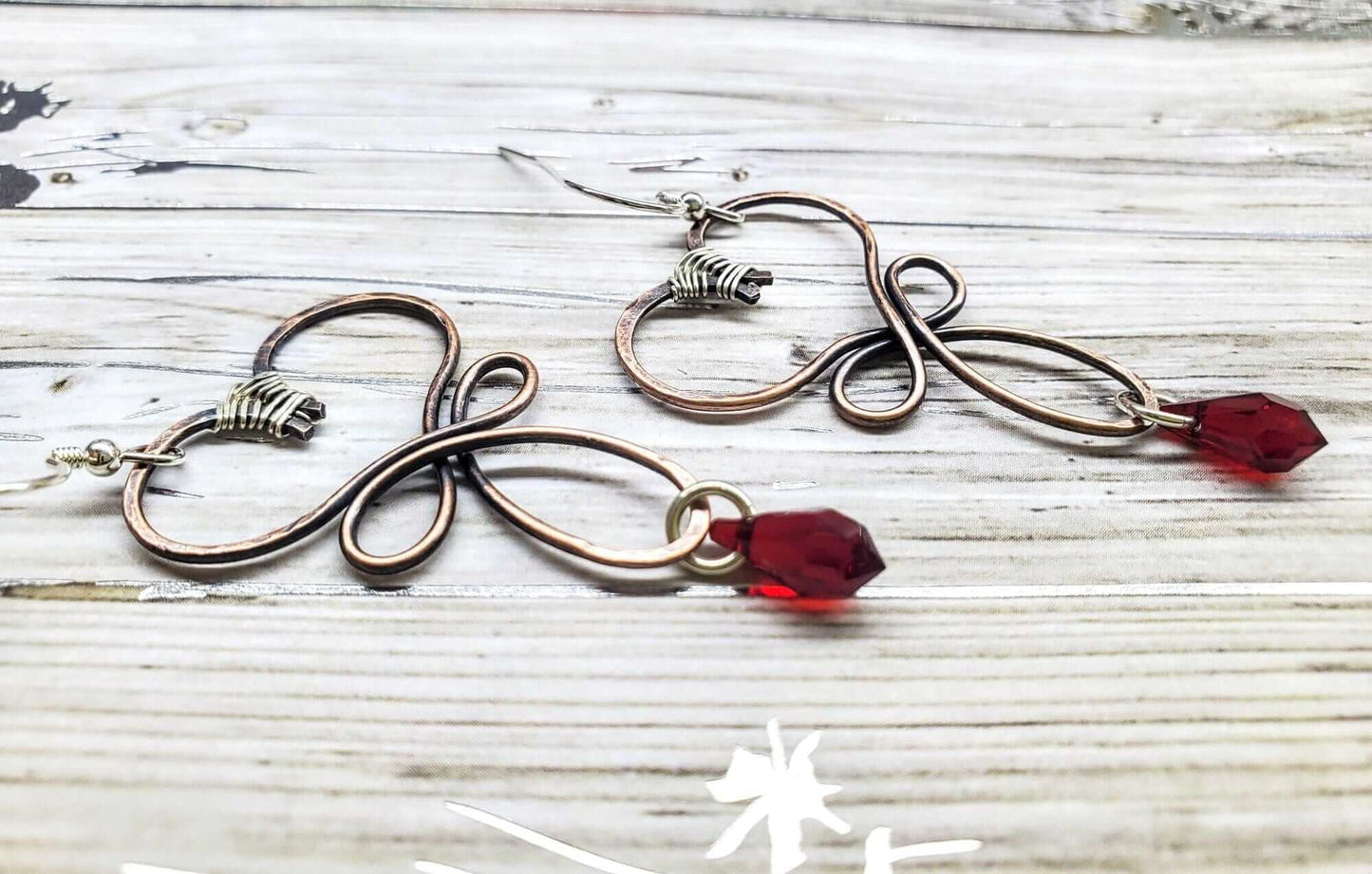 Handmade Copper Wire Sculpted Heart Crystal Drop Earrings