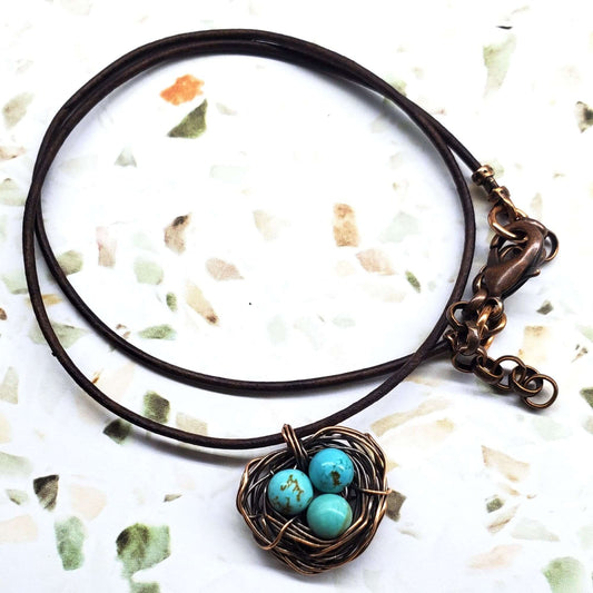 Handmade Copper Robin Nest Necklace with Up To 5 Beads
