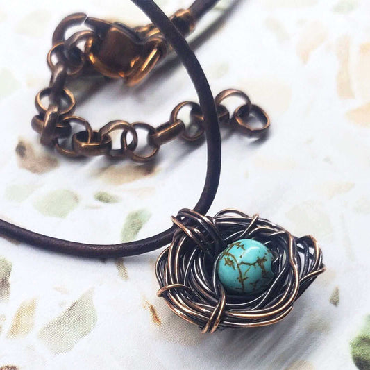 Handmade Copper Robin Nest Necklace with Up To 5 Beads