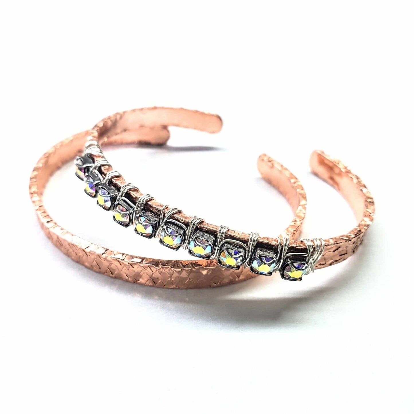 Silver Wire Wrapped Crystal Textured Copper Cuff Set