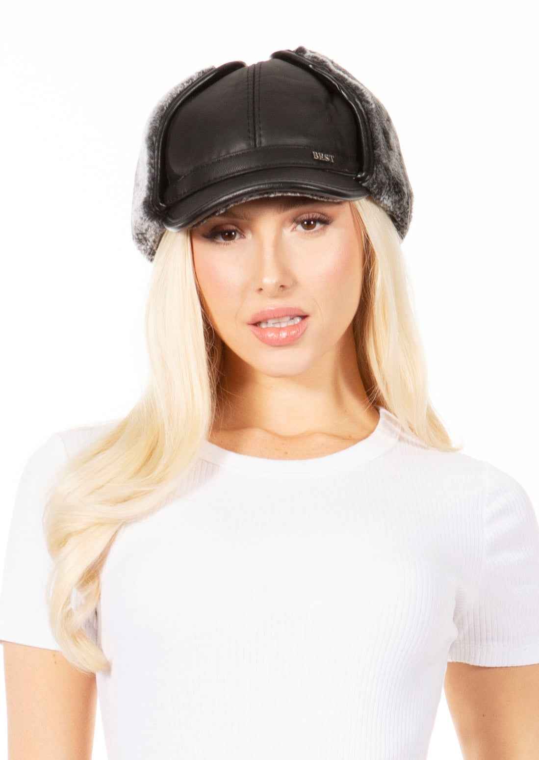 Sakkas Leather Shearling Unisex Aviator Trapper Winter Cap Ear Flaps Warm Ushanka Hunting Ski Snow Hat Faux Fur Chin Strap